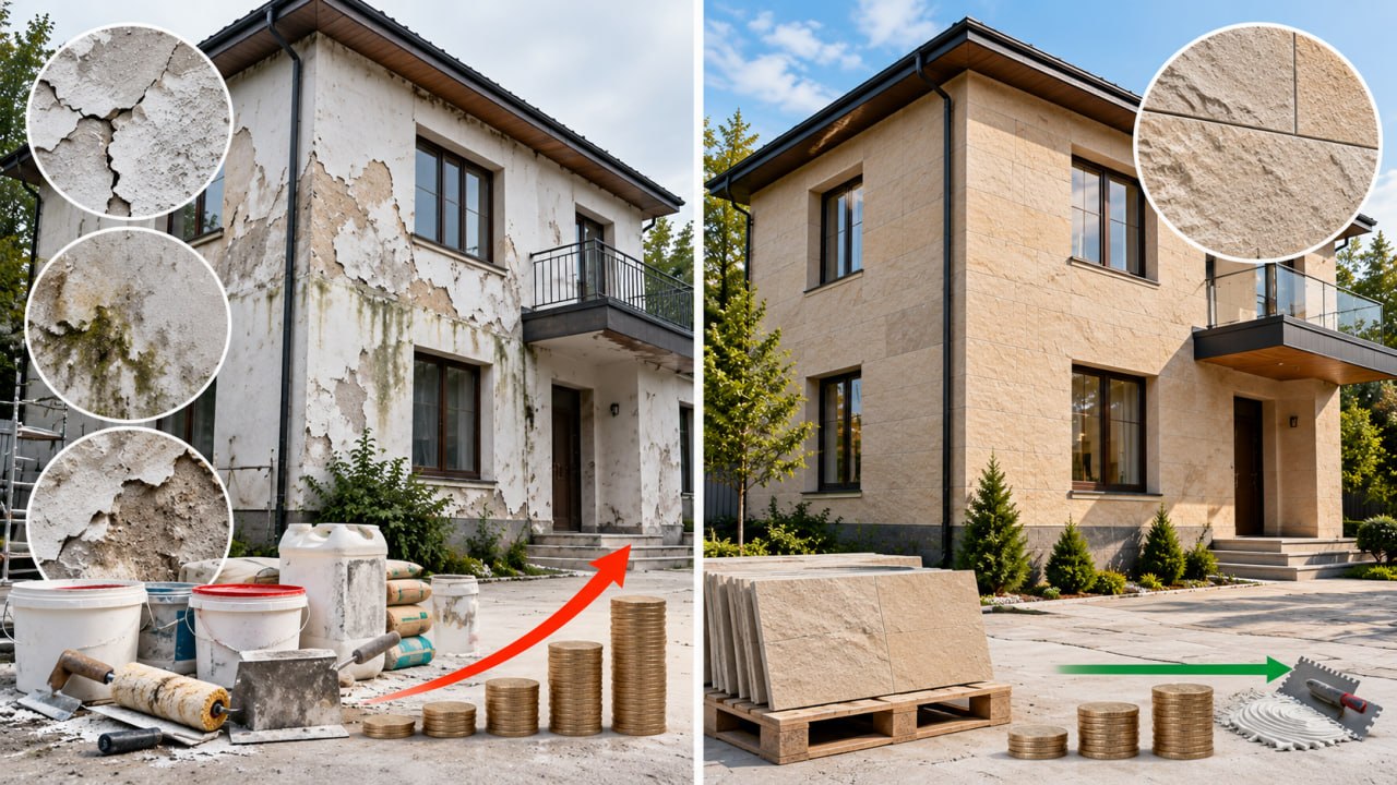 Casă înainte și după: tencuială exfoliată și costuri în creștere în stânga, placă flexibilă și fațadă netedă în dreapta