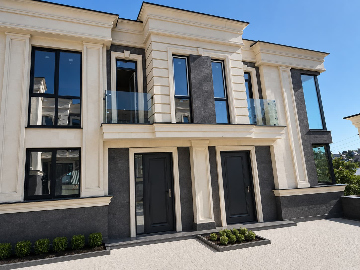 Două intrări cu uși antracit sub o cornișă, balustradă de sticlă la etaj și pilaștri bej